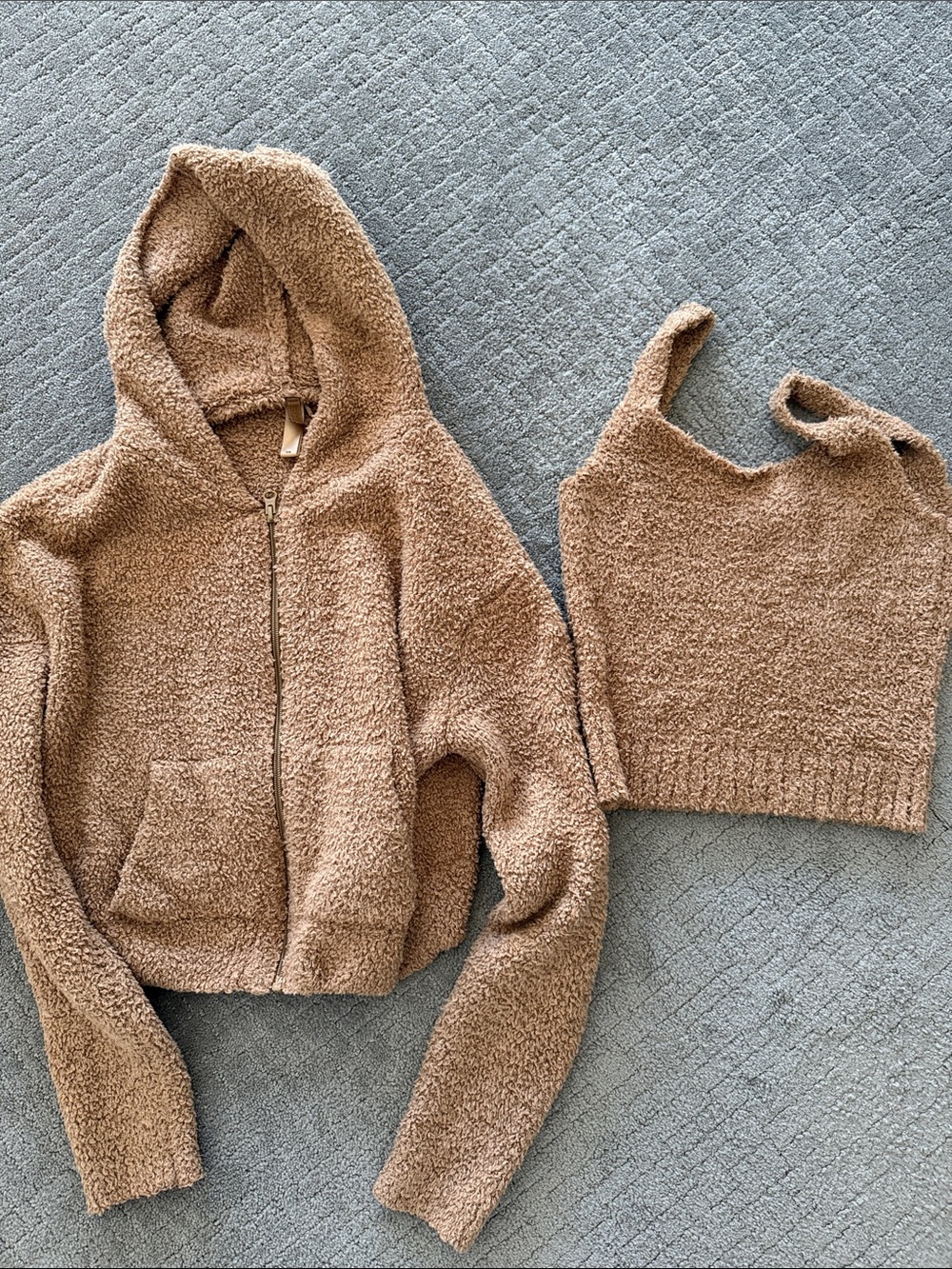 SKIMS Teddy Zip Hoodie & Cropped Tank Set in Camel Brown